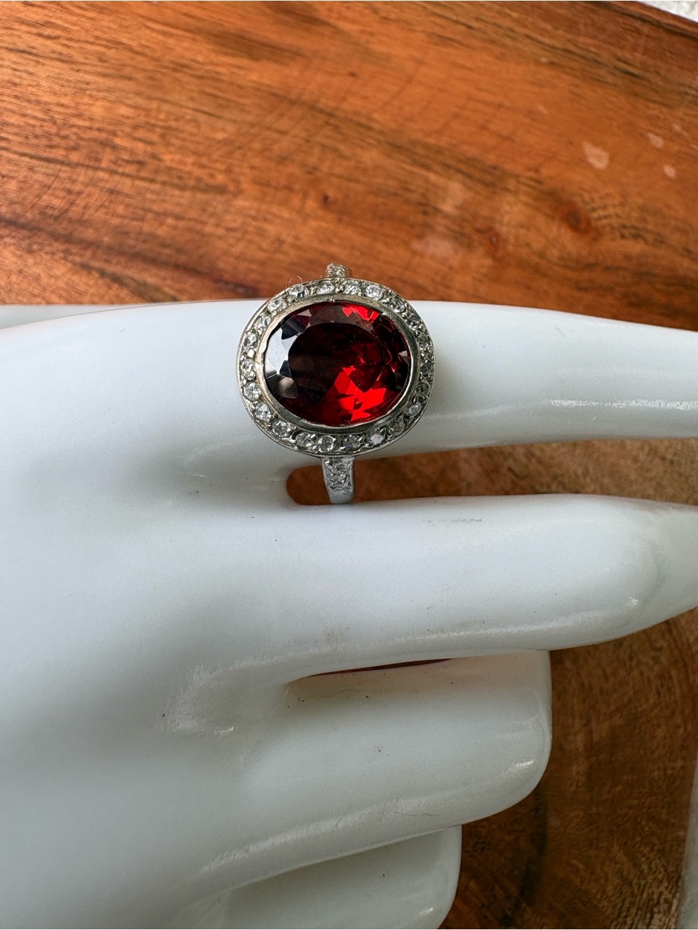 Vintage Sterling Silver Ring with Deep Red Gemstone and Pavé Accent - Size 9.5